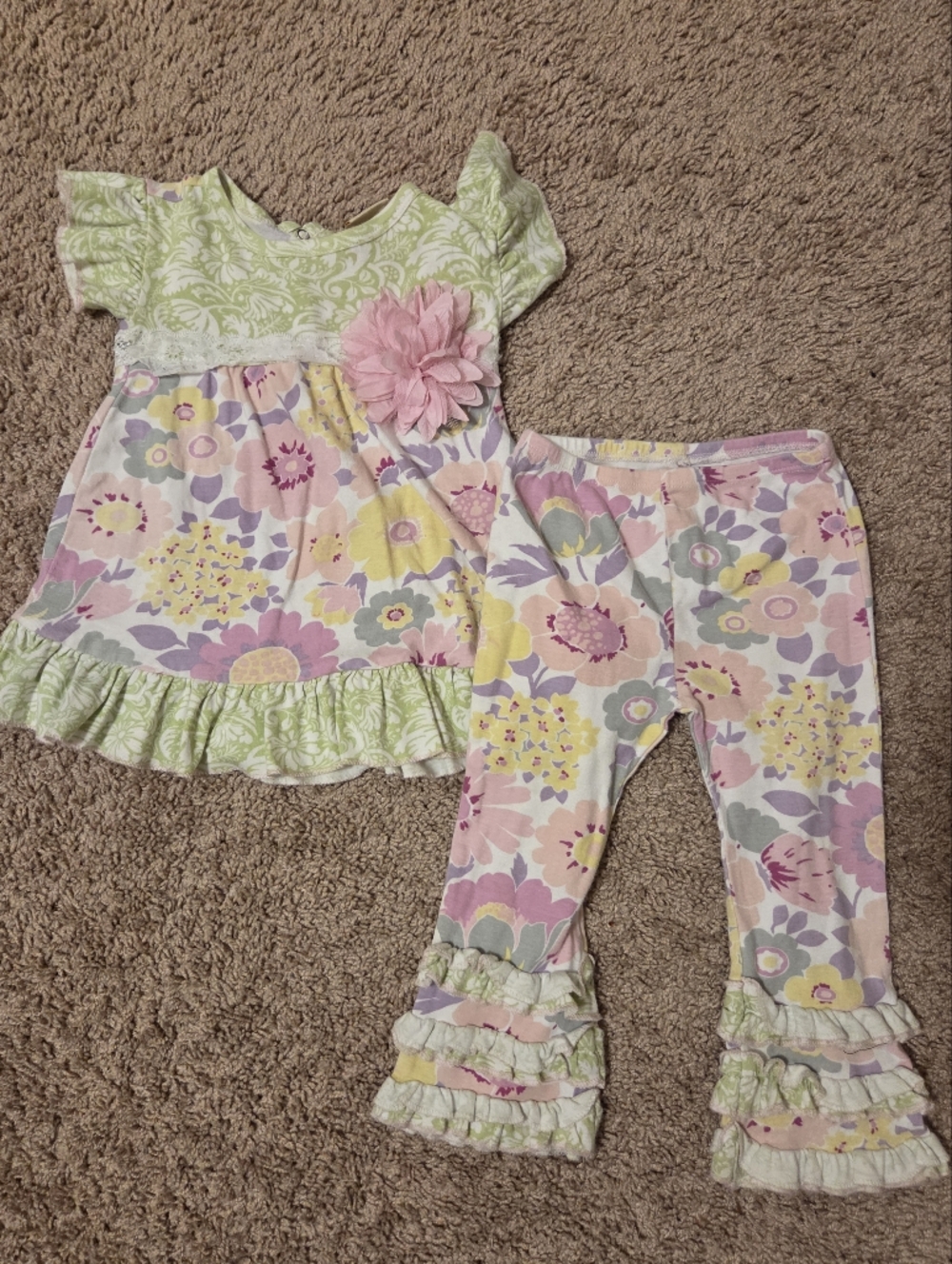 Floral Ruffle Baby Tunic & Legging Set - Pastel Pink, Yellow, Green